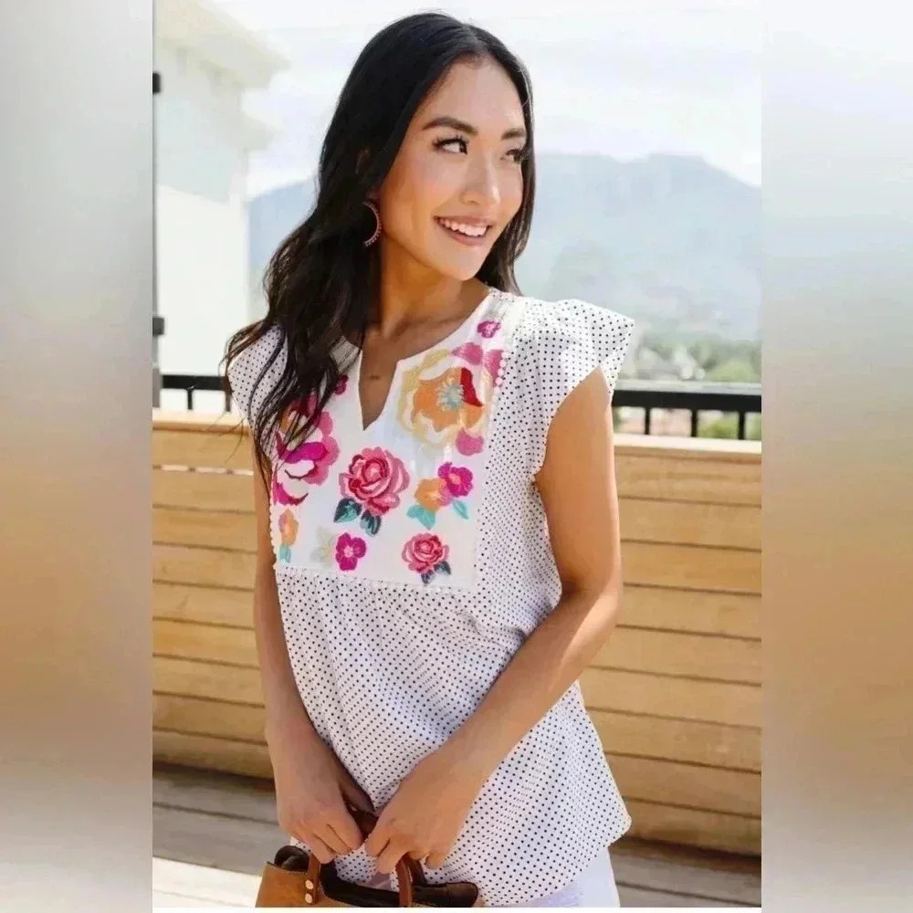 Savanna Jane Polka Dot Embroidered with Cap sleeves Blouse